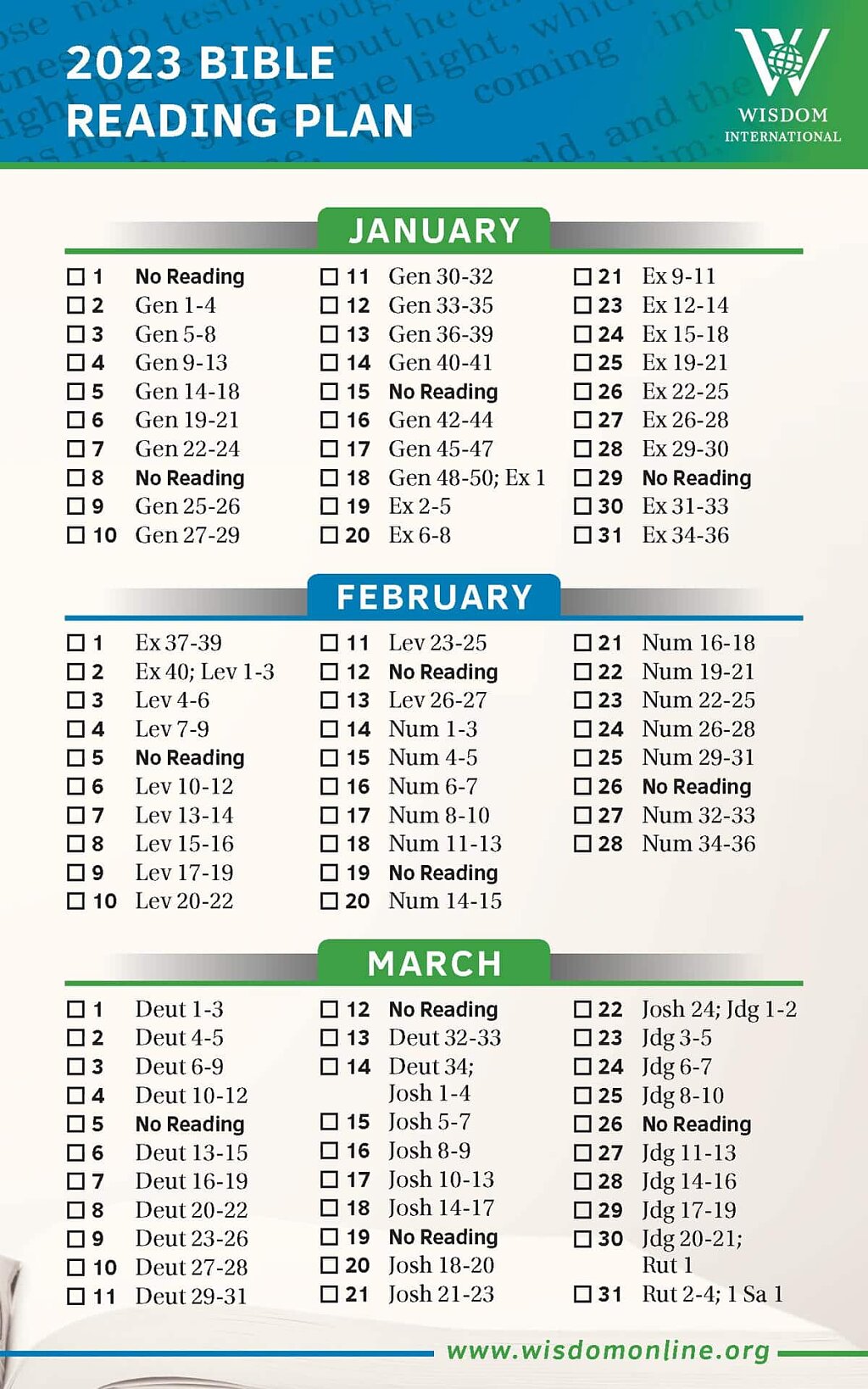 2023 Bible Reading Plan for January through March