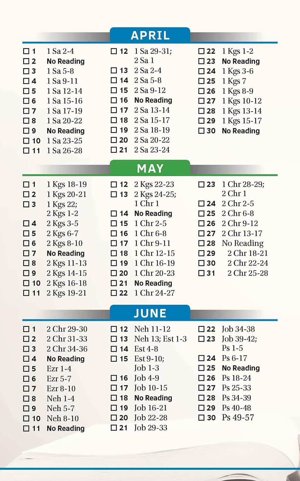2023 Bible Reading Plan for April through June
