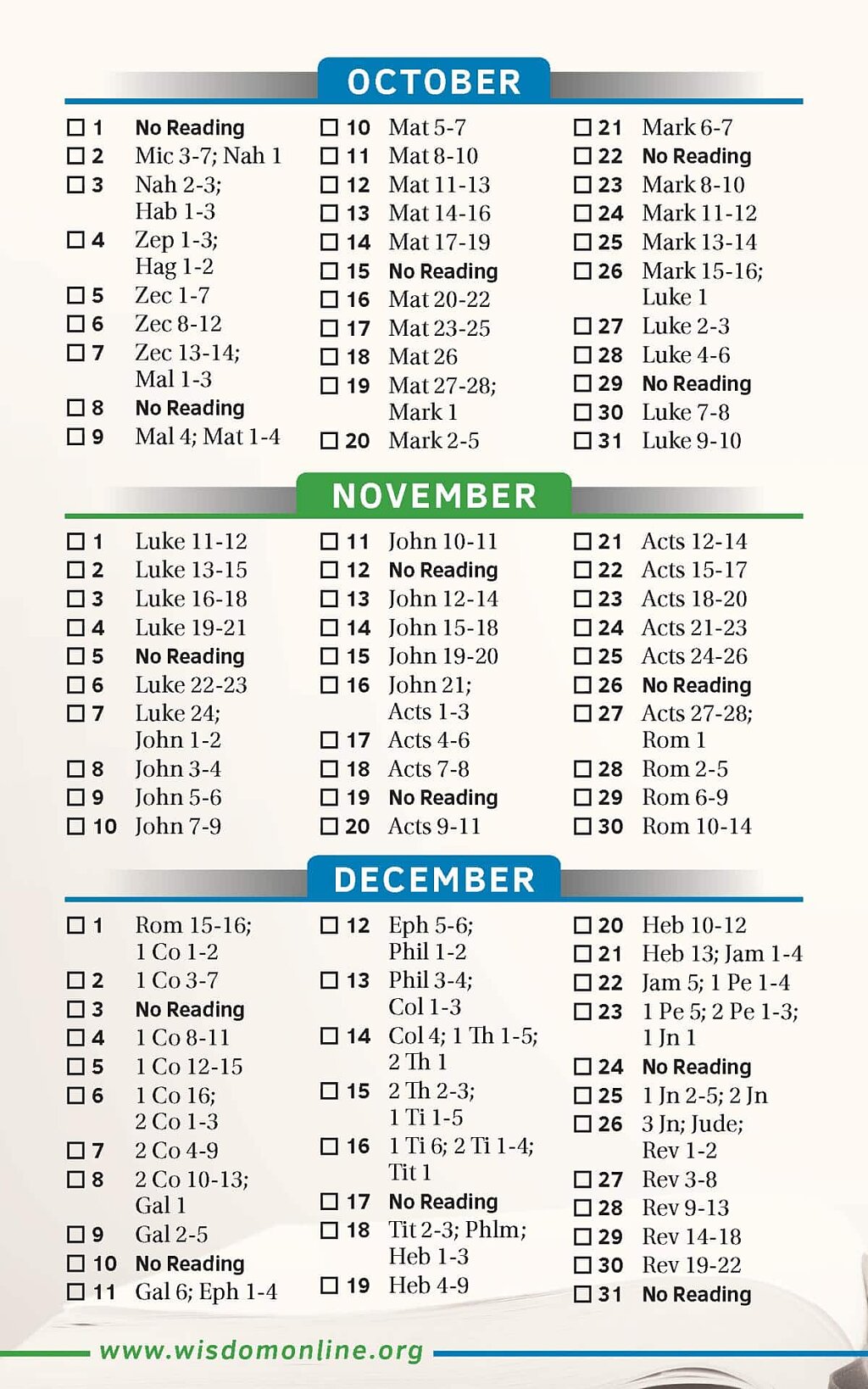 2023 Bible Reading Plan for October through December