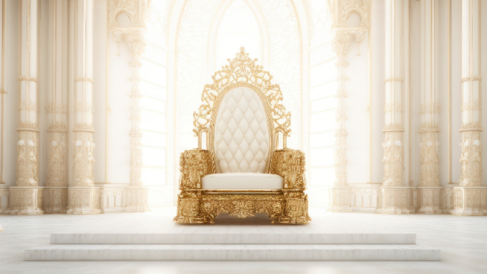 A lavish, sunlit room with tall ornate columns, intricate golden details on the ceiling, and arched windows. At the center stands a regal throne with an ornate gold frame and white cushioning.