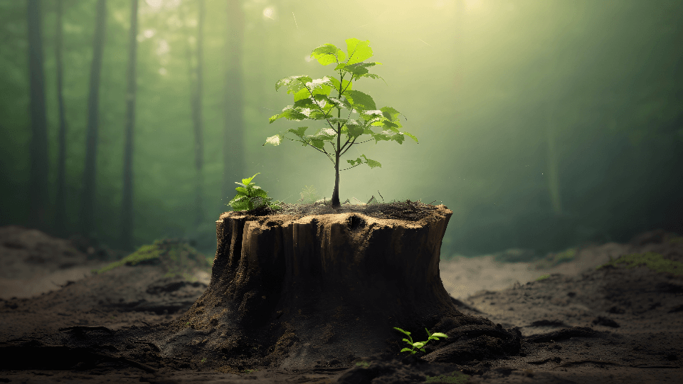Young tree sprouting from an old tree stump in a misty forest, symbolizing hope, growth and renewal.